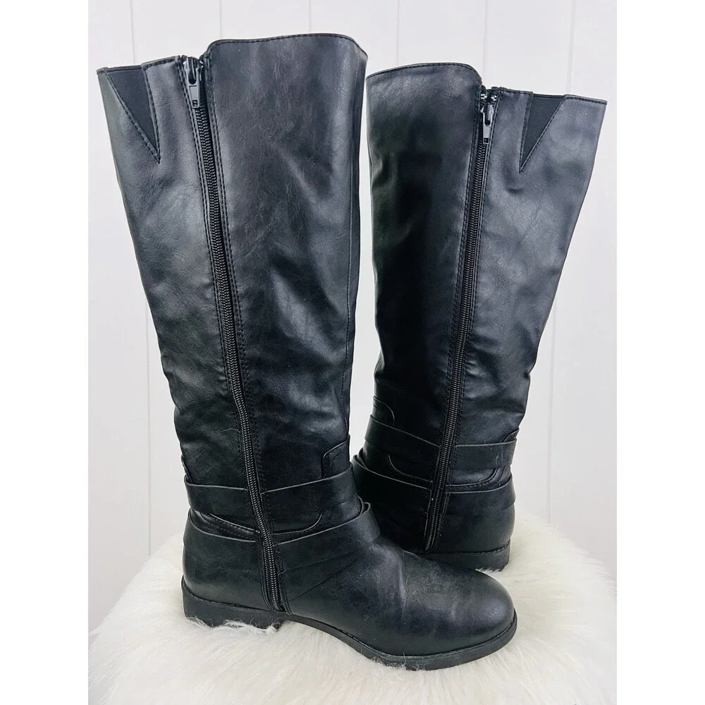 Style & Co Lolah Black Vegan Leather Riding Boots Tall Knee High Moto Goth 8M